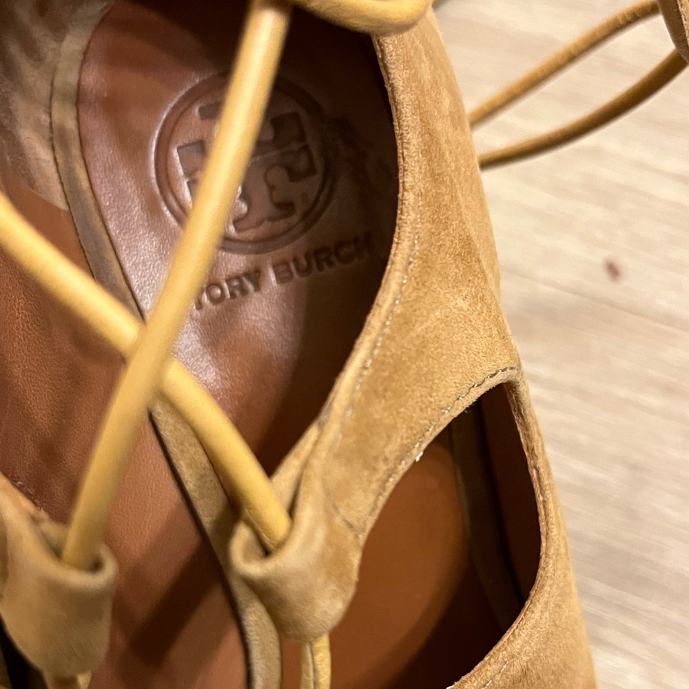 Tory Burch Tan Suede Lace Up Wedged Sandals - Picture 2 of 5
